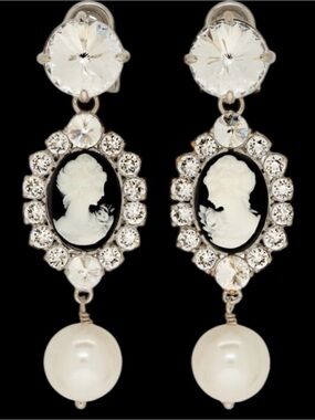 Miu Miu Black and White Cameo Crystal Drop Pearl Earrings